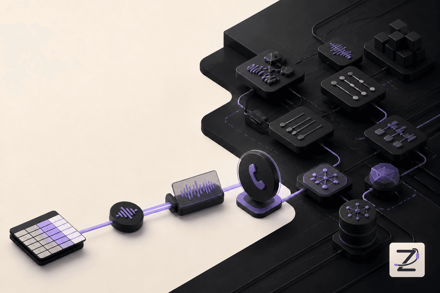 Kolz AI branded illustration of voice AI modules connecting a spreadsheet campaign to outbound phone calls