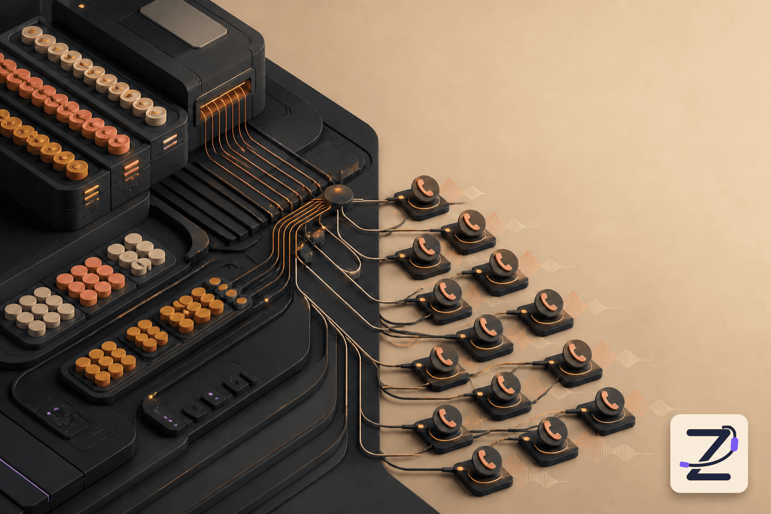 Kolz AI branded illustration of enterprise call batches flowing through concurrent outbound phone lines